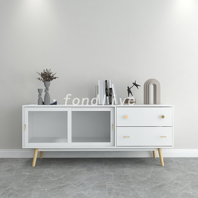 Mueble de TV para sala de estar moderno de MDF con puerta corrediza de vidrio figurado